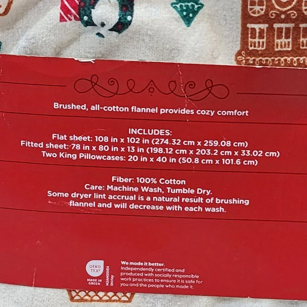 Christmas Flannel Sheet Set King Winter Holiday Santa Gingerbread 4pc